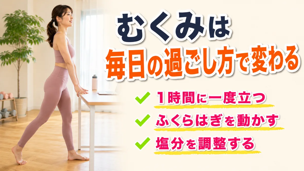 デスクワークの合間に立ち上がって脚を動かす女性｜むくみ対策と日常の動き｜相模原の女性専用パーソナルジム リファイン