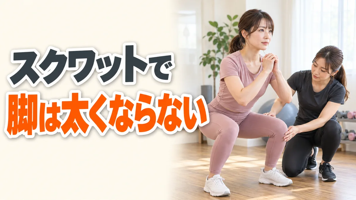 太ももが痩せる方法|部分痩せの誤解と形を変える筋トレ 1 女性トレーナーが膝の向きを確認しながらスクワットをする女性|スクワットで脚は太くならない|相模原の女性専用パーソナルジム リファイン